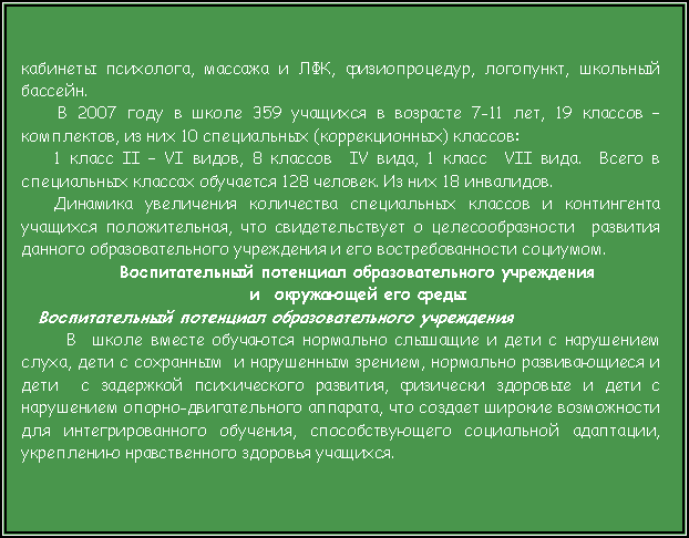 Подпись: кабинеты психолога, массажа и ЛФК, физиопроцедур, логопункт, школьный бассейн.  В 2007 году в школе 359 учащихся в возрасте 7-11 лет, 19 классов – комплектов, из них 10 специальных (коррекционных) классов:  1 класс II – VI видов, 8 классов  IV вида, 1 класс  VII вида.  Всего в специальных классах обучается 128 человек. Из них 18 инвалидов. Динамика увеличения количества специальных классов и контингента учащихся положительная, что свидетельствует о целесообразности  развития данного образовательного учреждения и его востребованности социумом.Воспитательный потенциал образовательного учреждения и  окружающей его средыВоспитательный потенциал образовательного учреждения   В  школе вместе обучаются нормально слышащие и дети с нарушением слуха, дети с сохранным  и нарушенным зрением, нормально развивающиеся и дети  с задержкой психического развития, физически здоровые и дети с нарушением опорно-двигательного аппарата, что создает широкие возможности для интегрированного обучения, способствующего социальной адаптации,  укреплению нравственного здоровья учащихся. 