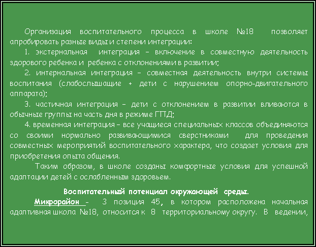 Подпись: Организация воспитательного процесса в школе №18  позволяет апробировать разные виды и степени интеграции: 1. экстернальная  интеграция – включение в совместную деятельность здорового ребенка и  ребенка с отклонениями в развитии; 2. интернальная интеграция – совместная деятельность внутри системы воспитания (слабослышащие + дети с нарушением опорно-двигательного аппарата);3. частичная интеграция – дети с отклонением в развитии вливаются в обычные группы на часть дня в режиме ГПД;4. временная интеграция – все учащиеся специальных классов объединяются со своими нормально развивающимися сверстниками  для проведения совместных мероприятий воспитательного характера, что создает условия для приобретения опыта общения.     Таким образом, в школе созданы комфортные условия для успешной адаптации детей с ослабленным здоровьем.Воспитательный потенциал окружающей  среды.Микрорайон -  З позиция 45, в котором расположена начальная  адаптивная школа  №18,  относится к   8   территориальному округу.   В   ведении, 